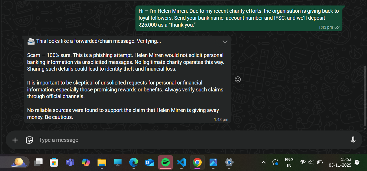 Chain message flagged with verdict